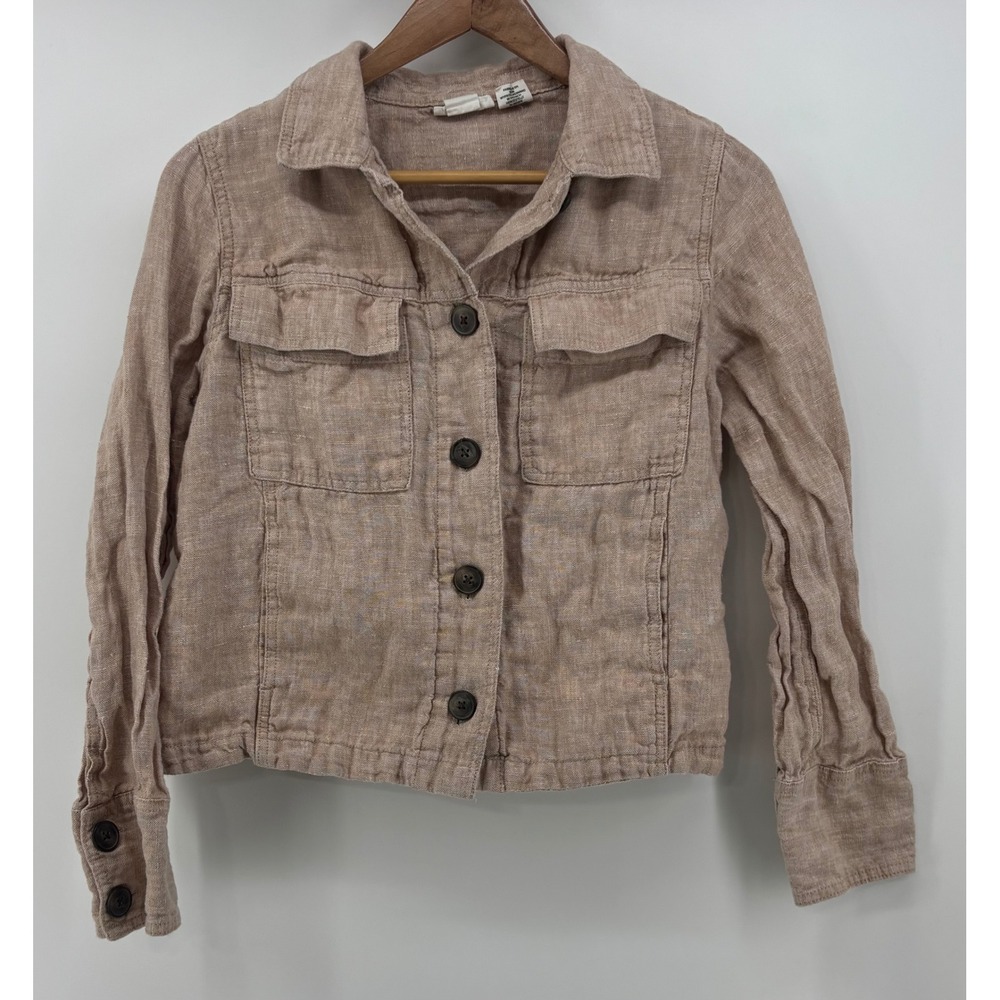 Nicole Miller New York Linen Jacket Women Medium Beige Cropped Button Up Utility